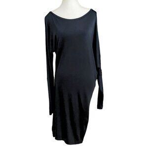 SHAN BLACK DOLMAN ASYMMETRICAL SLEEVES SLIP MIDI DRESS - 12